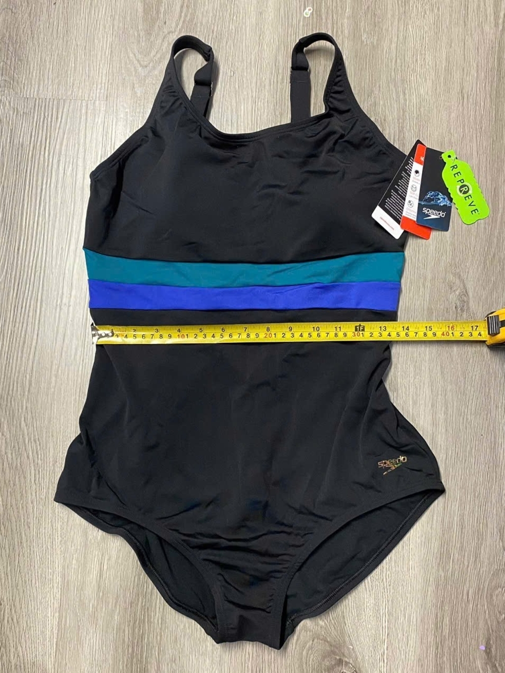 Speedo Black One-Piece Swimsuit with Teal and Royal Blue Waistbands